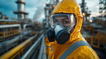 A worker in a yellow protective suit and gas mask is focused on tasks in a busy petrochemical refinery. The setting highlights the critical nature of safety in industrial operations. photo