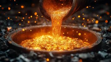 Bright molten metal flows from a casting ladle into a round mold. The environment is filled with sparks, highlighting the intensity of metallurgy in action. photo