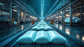 A streamlined production line in a petrochemical refinery focuses on the automated packaging of chemical products. Bright lights illuminate the factory, showcasing efficient synthesis processes. photo