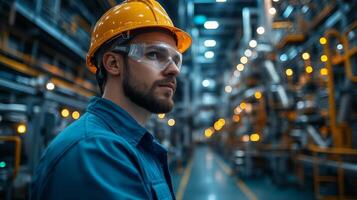 A worker in safety helmet and goggles monitors the automated machinery in a petrochemical refinery, focusing on production efficiency and quality control during after-hours operations. photo