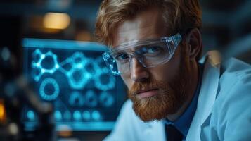 Engineer in a lab coat focuses on metallurgical data while wearing safety glasses. Equipment and screens display complex engineering designs showcasing advanced manufacturing techniques. photo