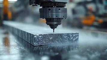 Intricate machining is taking place on an aluminum block using a CNC machine in a modern manufacturing facility, highlighting industrial automation and engineering expertise. photo