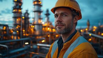 A mid-level engineer stands confidently in a vibrant petrochemical refinery, overseeing the automated processes at dusk. His focus highlights the industry's complexity and innovation. photo