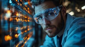 An engineer wearing safety glasses examines machinery in a state-of-the-art factory. Surrounding high-tech equipment showcases processes like welding and casting. photo