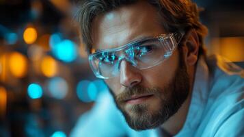 An engineer wearing safety glasses concentrates on the complex processes of manufacturing steel and aluminum. The factory is integrated with automation and innovative technologies. photo
