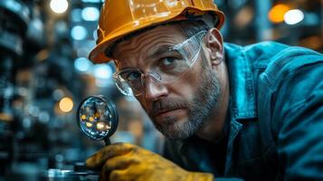 A skilled engineer is closely examining metal parts with a magnifying glass in a factory. The setting features modern machinery and a focus on detail in metalworking processes. photo