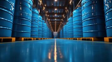 Rows of blue barrels line the polished floor of a petrochemical processing facility. The atmosphere is bright with artificial lighting, emphasizing the industrial setup. photo