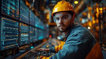 A skilled worker monitors complex control systems in a petrochemical refinery, managing automated processing and ensuring efficient operations. photo