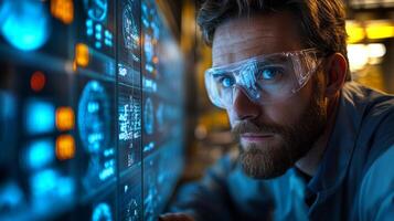 Engineers are focused on analyzing real-time data on a digital display in a petrochemical refinery. The setting showcases advanced automation technology essential for efficient processing. photo