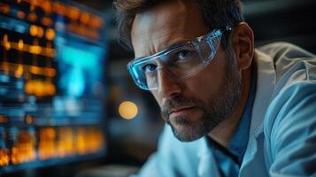 A professional wearing safety glasses focuses on complex data on multiple screens in a high-tech engineering lab. The atmosphere reflects an industrial setting equipped for advanced manufacturing. photo
