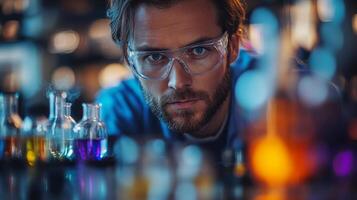 A focused engineer studies vibrant chemical reactions in various flasks during a synthesis process at a petrochemical facility, showcasing advanced automation and engineering techniques. photo