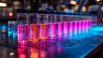 Brightly colored vials filled with chemical solutions display vibrant hues in a refinery lab. Automated systems streamline the synthesis and processing of various petrochemical products. photo