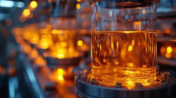 Bright orange liquid fills glass containers within a sophisticated refinery. Advanced automation and engineering techniques enhance efficiency in petrochemical synthesis. photo