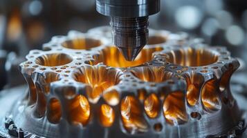 Precision machining of complex metal parts is ongoing in a high-tech factory. The process showcases advanced engineering techniques for efficiency and accuracy. photo