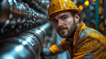 Focused worker wearing safety gear inspects a pipeline surrounded by advanced machinery in a busy petrochemical refinery. The environment showcases automation in action. photo