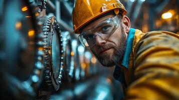 Technician in safety gear inspects complex machinery in a modern petrochemical refinery, focusing on automation processes during operation hours to ensure efficiency. photo