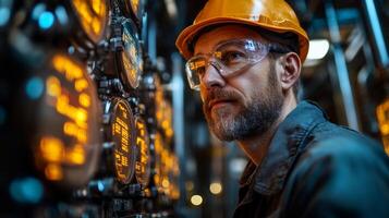 Technicians observe digital displays on control panels in an advanced petrochemical processing facility. The focus is on safety and precision in a busy industrial environment. photo