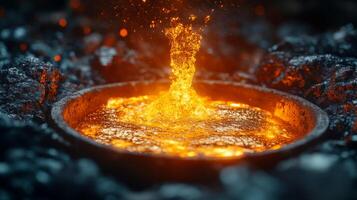 High-temperature molten metal is poured into a casting mold, illustrating the process of metallurgy in a busy factory environment. The glowing liquid reflects advanced industrial practices. photo