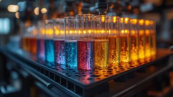 In a high-tech petrochemical refinery lab, various colored liquids bubble in glass test tubes, highlighting advanced automation and engineering in chemical synthesis and processing. photo
