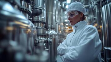 In a modern petrochemical refinery, engineers monitor automated systems. Dressed in lab coats and safety gear, they ensure efficient chemical synthesis and processing. photo