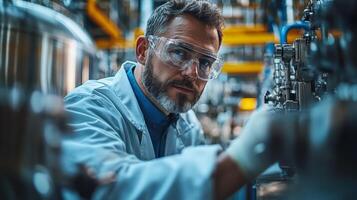 A skilled engineer in a lab coat and safety glasses monitors machinery in a busy petrochemical factory, ensuring efficient processing. The environment is filled with advanced equipment and piping. photo
