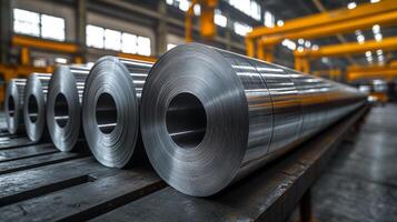In a large factory setting, multiple rolls of steel and aluminum are neatly arranged on wooden pallets. Workers are engaged in processing and automation, showcasing advanced manufacturing techniques. photo