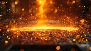 Molten metal is poured into molds in a modern manufacturing plant, showcasing automation and engineering techniques in metallurgy. The scene captures the intense heat and vibrant sparks. photo