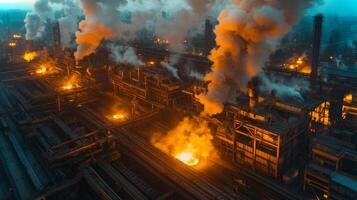 A large factory complex engaged in steel and aluminum manufacturing processes. Bright flames emerge from multiple furnaces, casting an orange glow. photo