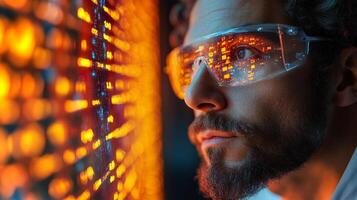 A focused engineer studies complex automation systems within a petrochemical refinery, illuminated by vibrant orange lights. This moment captures the essence of engineering in action. photo