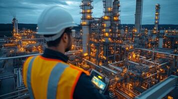 An engineer in safety gear oversees automated systems in a petrochemical refinery, surrounded by illuminated structures at twilight. The focus is on efficient manufacturing and processing. photo