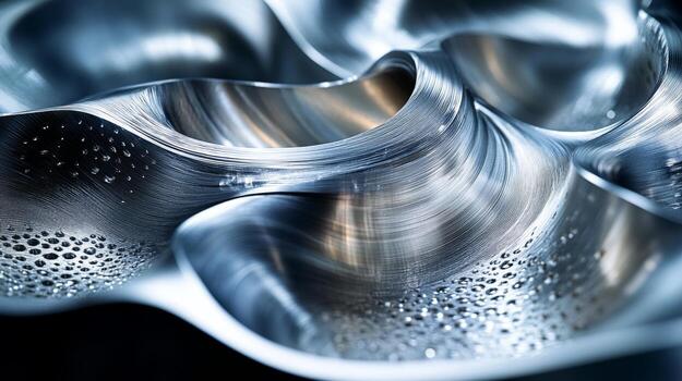 Close-up view of a metallic surface displaying complex curves and water droplets, showing the precision of engineering in metallurgy and manufacturing. photo