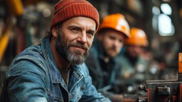 A skilled worker wearing a beanie and denim jacket smiles as he collaborates with teammates in a bustling industrial factory focused on metalworking and machinery. photo