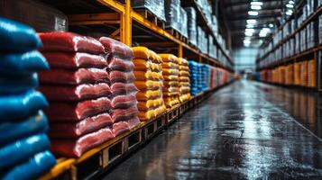 Brightly colored bags of chemical materials are neatly stacked on pallets in a spacious warehouse. The environment showcases an organized setup for efficient manufacturing operations. photo