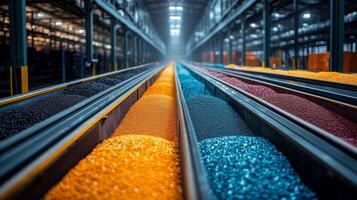 Rows of colorful raw materials await processing in a well-lit petrochemical facility, highlighting the efficient manufacturing and automation in the industry. photo