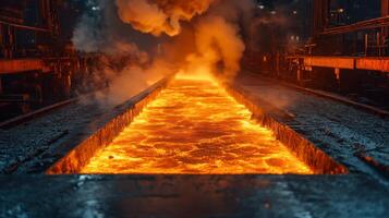 Molten steel pours from a large furnace, glowing orange as it flows into a casting mold. photo