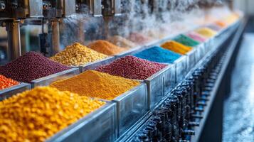 Rows of colorful granules fill clear containers in a factory dedicated to petrochemical processing. Automated equipment supports the efficient synthesis of chemical products. photo