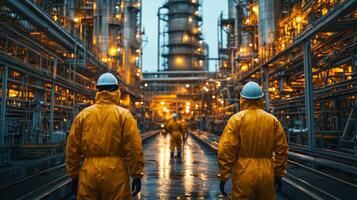 Workers in yellow protective suits evaluate processing equipment at a petrochemical refinery. The facility is illuminated by industrial lights, showcasing automation and engineering at work. photo