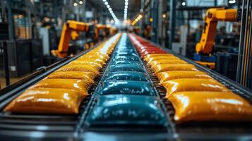 Robotic arms efficiently package colored sacks of material on a conveyor system in a modern petrochemical refinery, highlighting industrial automation processes. photo