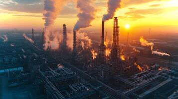 Refinery site at dawn where automation and engineering play crucial roles in chemical synthesis and processing. Smoke rises from multiple smokestacks against a vibrant sky. photo