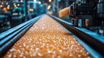 An automated factory showcases the manufacturing process, with orange granules cascading along conveyor belts amid a bustling environment filled with machinery and activity. photo