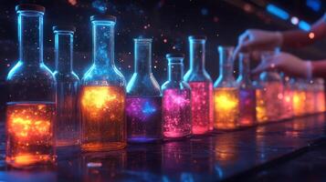 Brightly colored liquids in glass containers are being mixed in a high-tech laboratory. The environment showcases advanced automation and the intricacies of chemical synthesis. photo