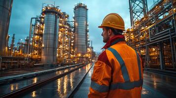 In a petrochemical refinery, workers oversee automation processes and monitoring equipment. The industrial setting glows with lights as evening sets in, highlighting engineering precision. photo