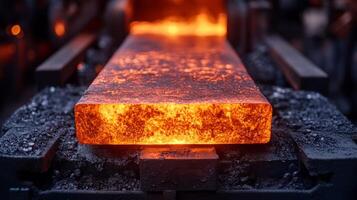 Hot molten steel is being processed in a factory environment, where skilled workers utilize engineering techniques for shaping and casting. photo