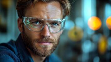 A focused engineer in safety glasses oversees activities in a bustling petrochemical factory, ensuring efficient processing and automation tasks are carried out effectively. photo