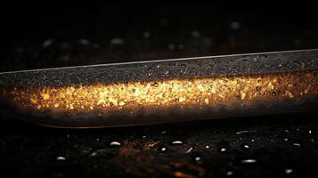 An intricate steel blade features unique patterns and vibrant layers, illuminated by soft ambient light that highlights its craftsmanship and detail. photo