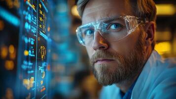 An engineer wearing safety goggles studies data displays in a petrochemical factory. The focus is on the intricate processes of chemical synthesis and automated engineering. photo