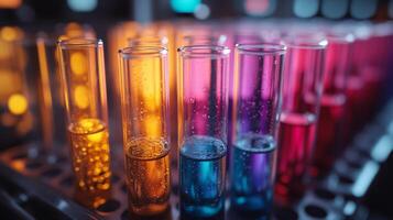Brightly colored test tubes filled with various liquids are arranged in a laboratory. The setup highlights chemical synthesis and processing within an advanced engineering environment. photo