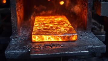 Intense heat radiates from a furnace as a glowing metal slab is prepared for further processing. This factory focuses on metallurgy, casting, and welding techniques. photo