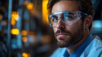 A qualified engineer wearing protective glasses and a lab coat examines the operations at a petrochemical facility. The background shows intricate machinery used for chemical processing and synthesis. photo