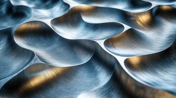 Close-up view of a metal surface with intricate, wavy patterns reflecting light, highlighting advanced machining and engineering processes used in manufacturing steel and aluminum components. photo